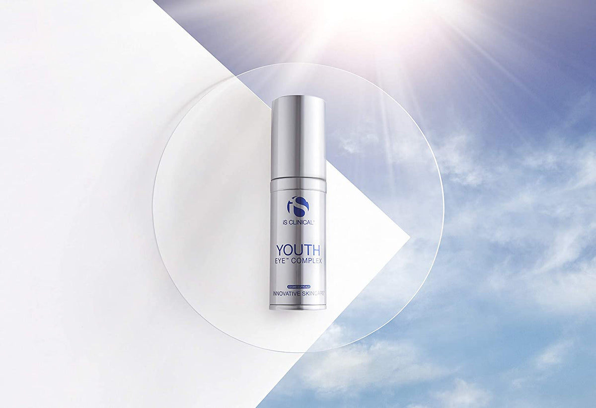 iS Clinical Youth Eye Complex bottle in sky spotlight graphic for brightening under eye care and wrinkle support daily uses.