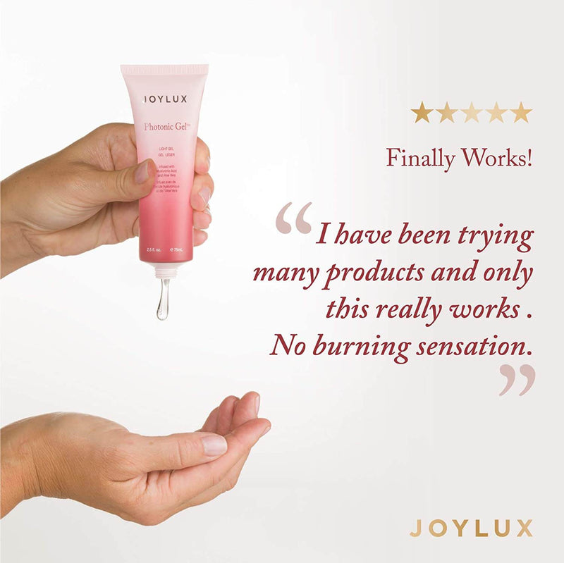 Joylux Photonic Gel application image with clear drop from tube, customer review and no burning comfort message.