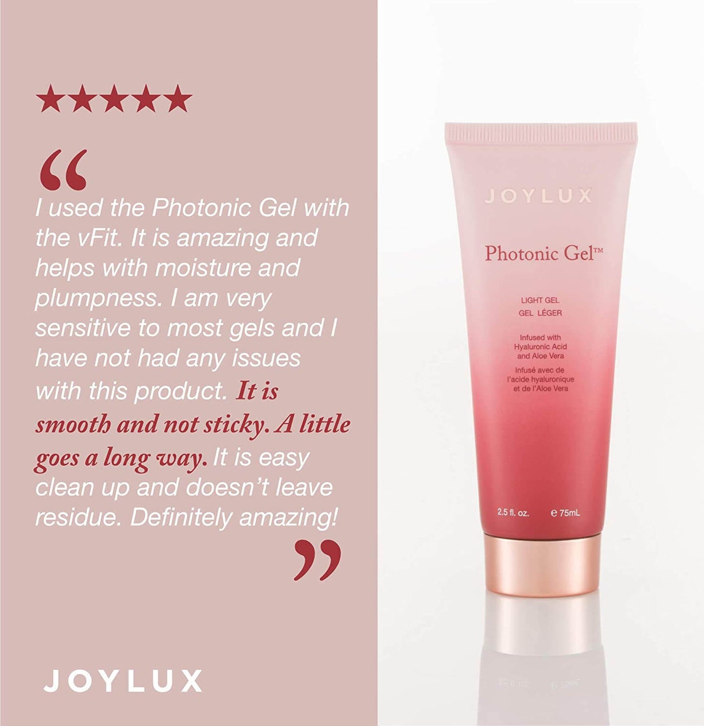 Joylux Photonic Gel review graphic with pink tube, five stars and smooth non-sticky vFit moisture support testimonial
