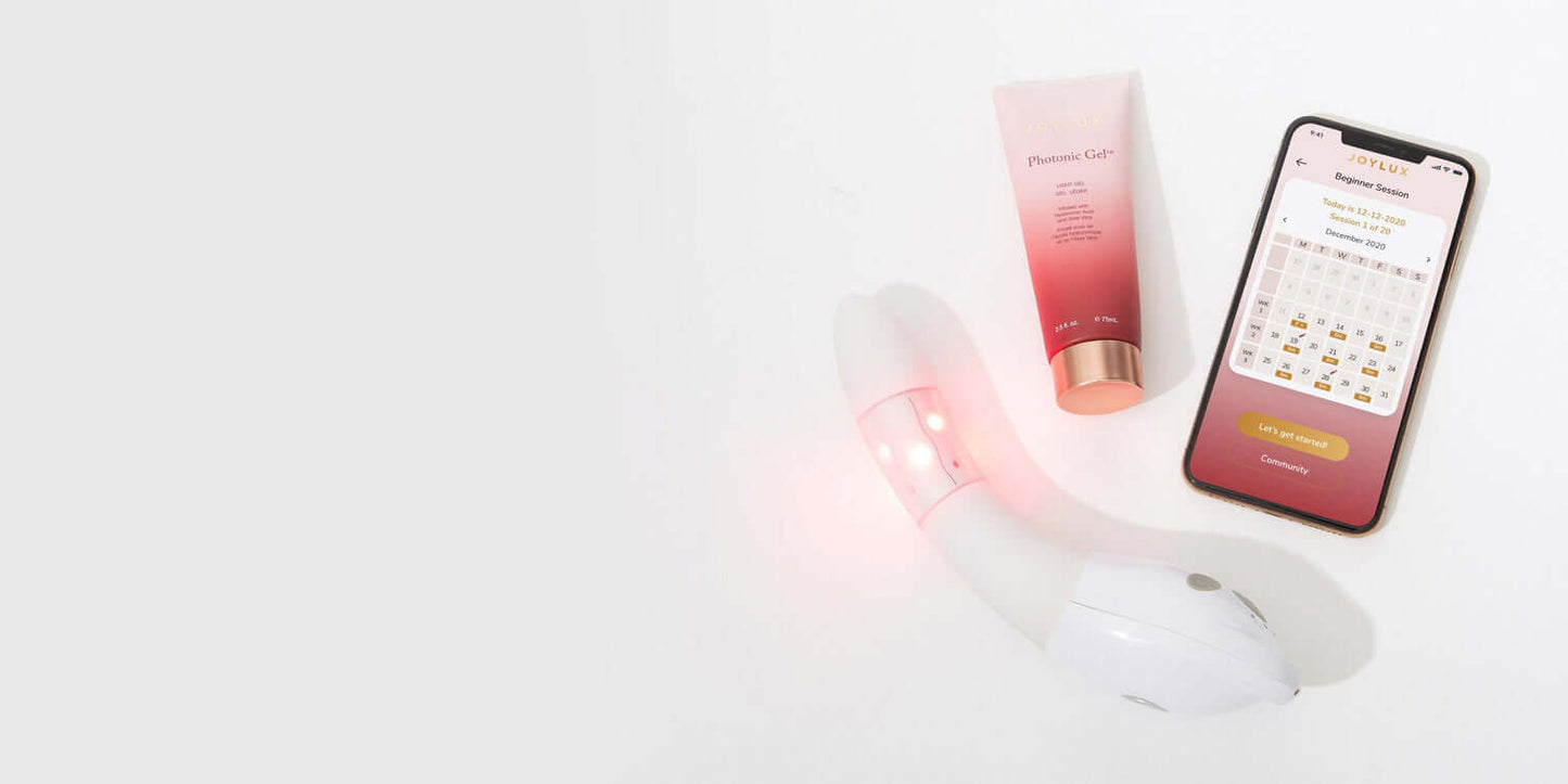 Joylux Photonic Gel with vFit device and Joylux app routine screen, showing product setup for intimate wellness sessions.