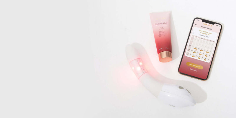 Joylux Photonic Gel with vFit device and Joylux app routine screen, showing product setup for intimate wellness sessions.