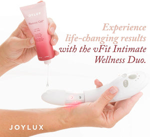 Joylux Photonic Gel with vFit Intimate Wellness Duo, showing gel drop application for device use and moisture support.