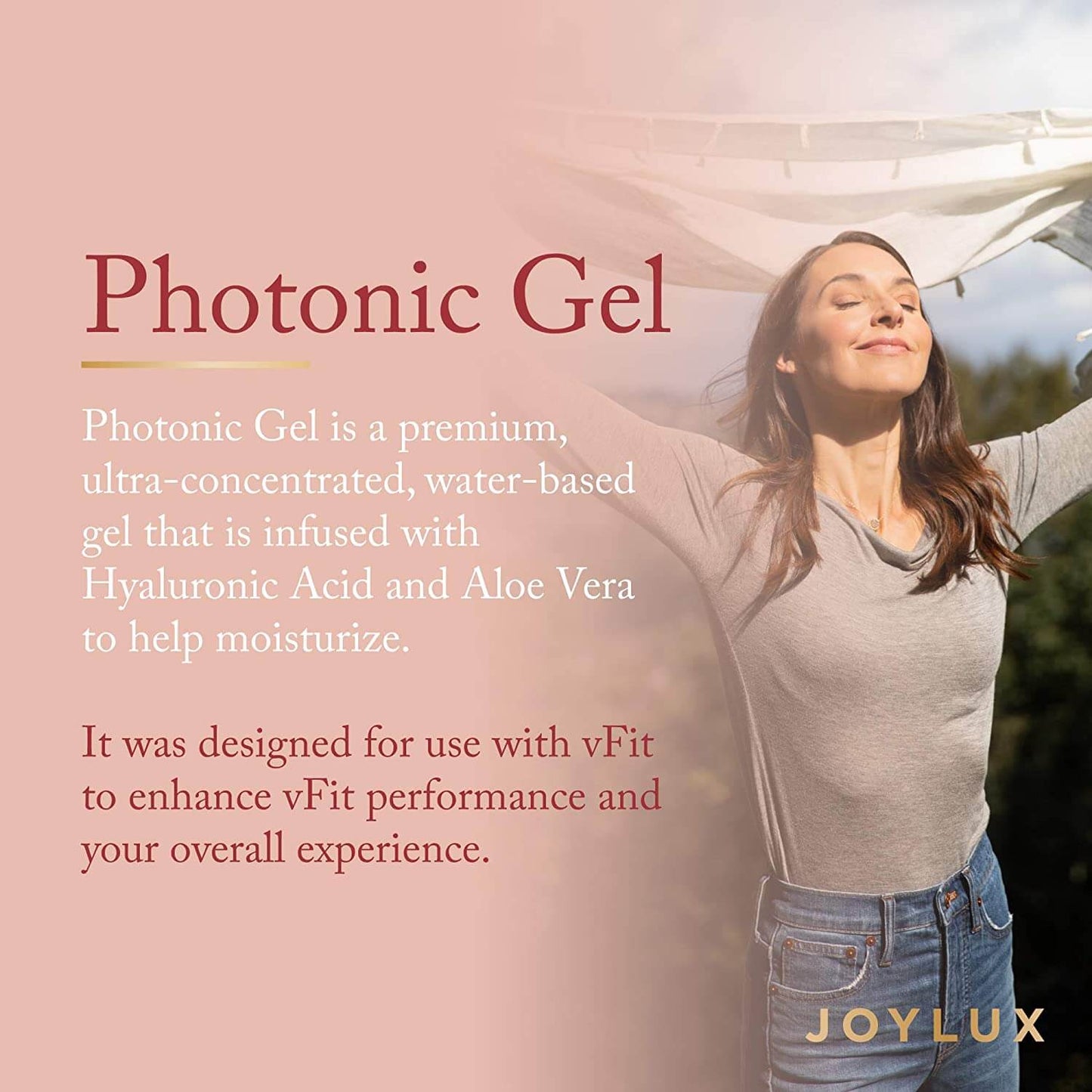 Joylux Photonic Gel lifestyle graphic explaining water-based gel with hyaluronic acid and aloe for better vFit performance.