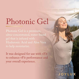 Joylux Photonic Gel lifestyle graphic explaining water-based gel with hyaluronic acid and aloe for better vFit performance.