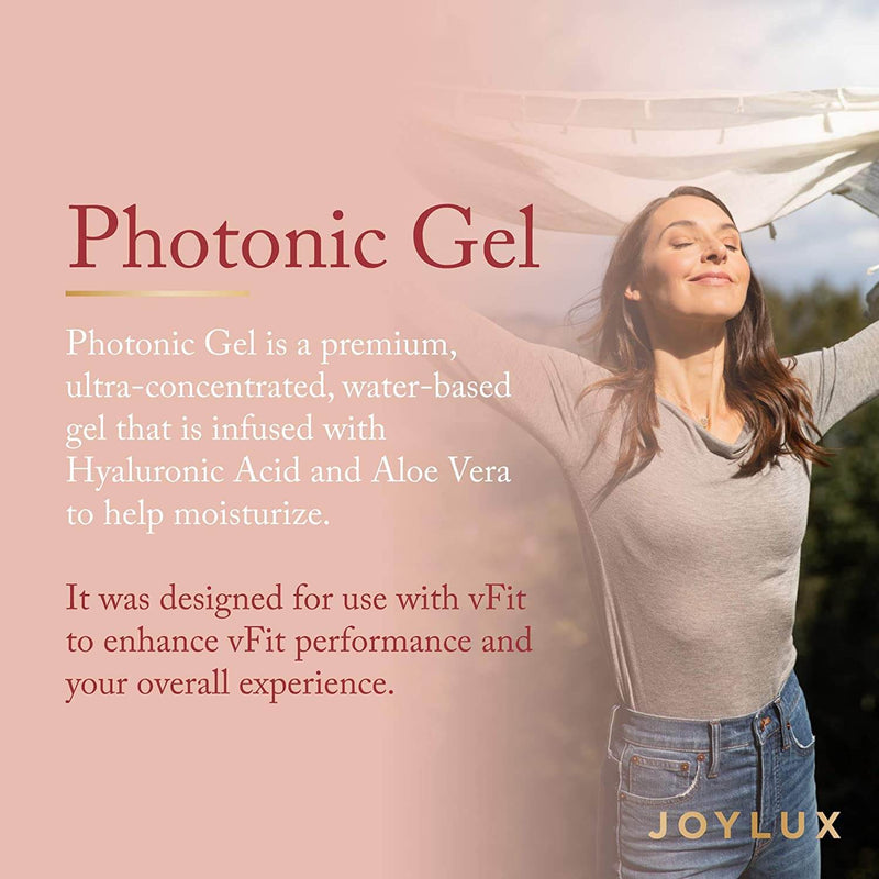 Joylux Photonic Gel lifestyle graphic explaining water-based gel with hyaluronic acid and aloe for better vFit performance.
