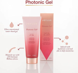 Joylux Photonic Gel infographic showing water-based formula, vFit device use, hyaluronic acid and aloe moisture benefits.