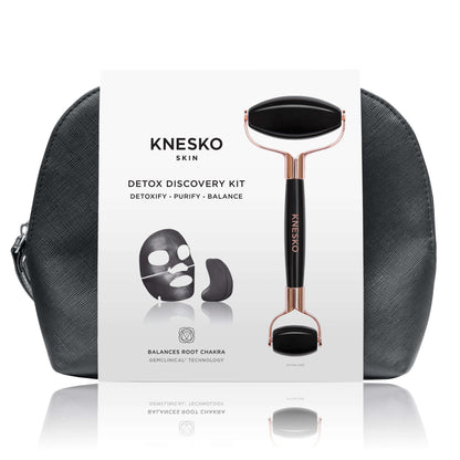 Knesko Detox Discovery Kit with black roller, face and eye masks plus travel bag for purifying skincare ritual set now kits.