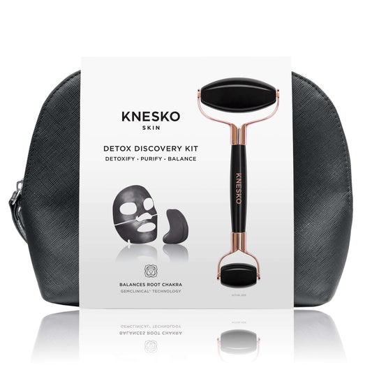 Knesko Detox Discovery Kit with black roller, face and eye masks plus travel bag for purifying skincare ritual set now kits.