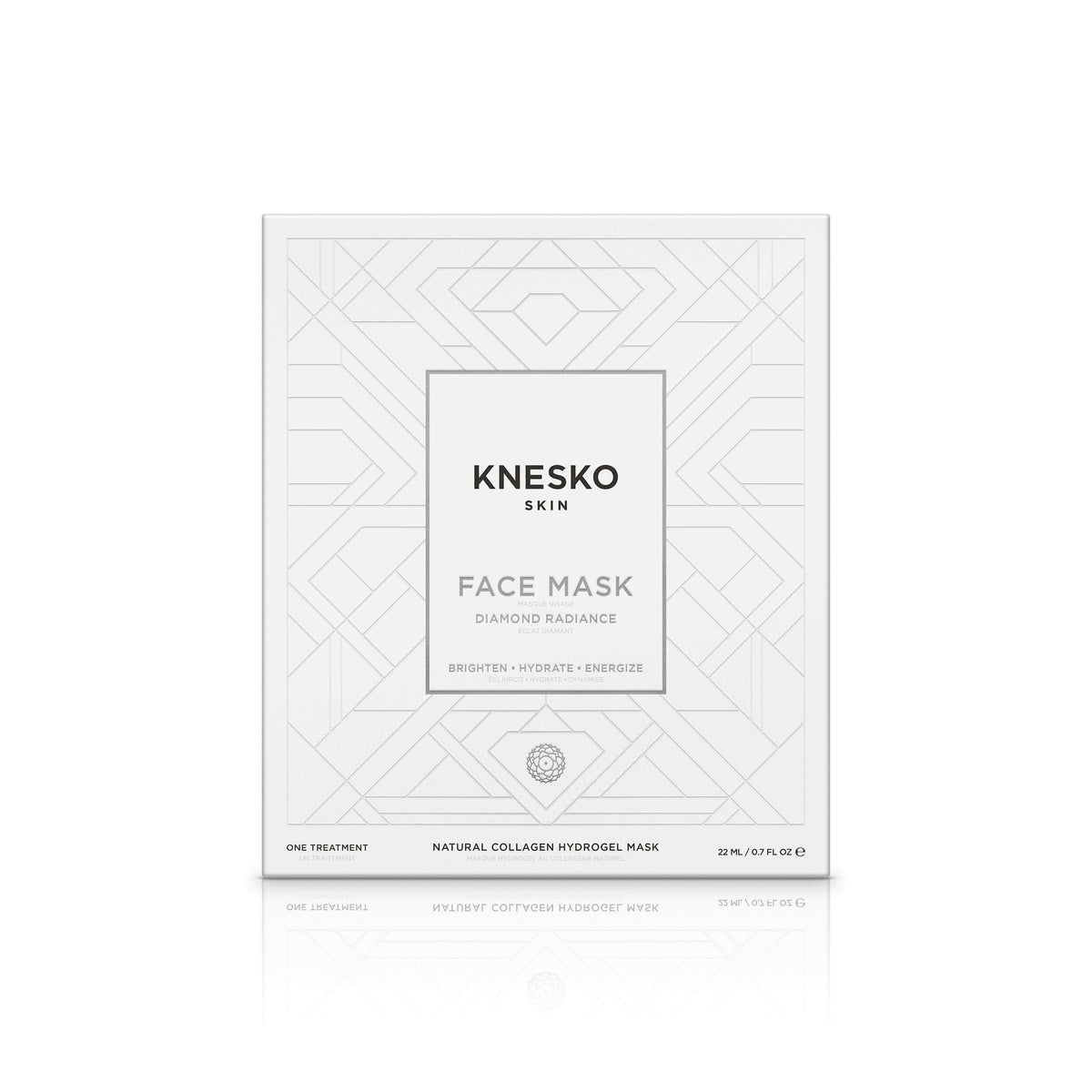 Knesko Diamond Radiance Face Mask box packaging for one collagen hydrogel treatment to brighten, hydrate, and energize skin