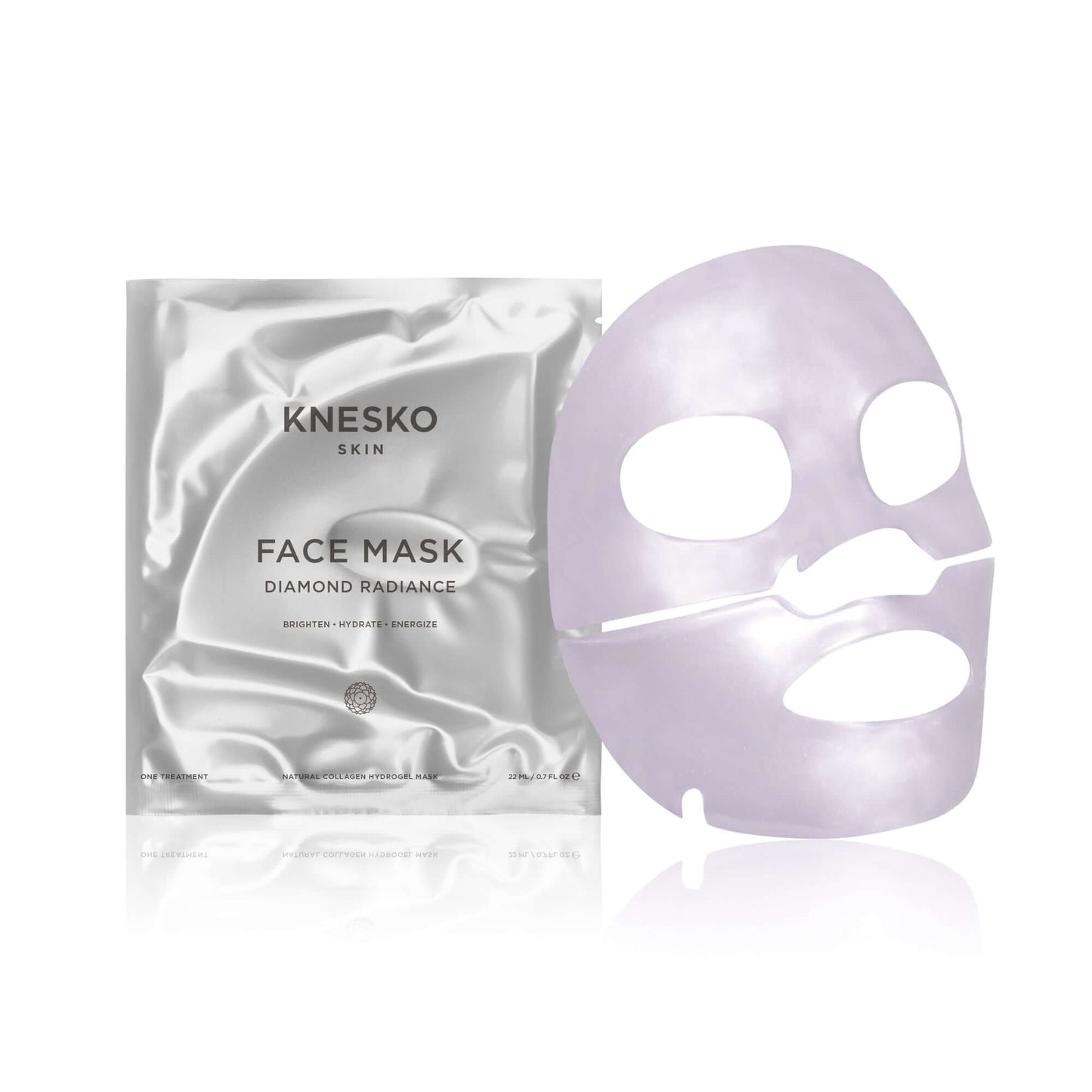 Knesko Diamond Radiance Face Mask with silver pouch and collagen hydrogel mask to brighten, hydrate, and energize dull skin.