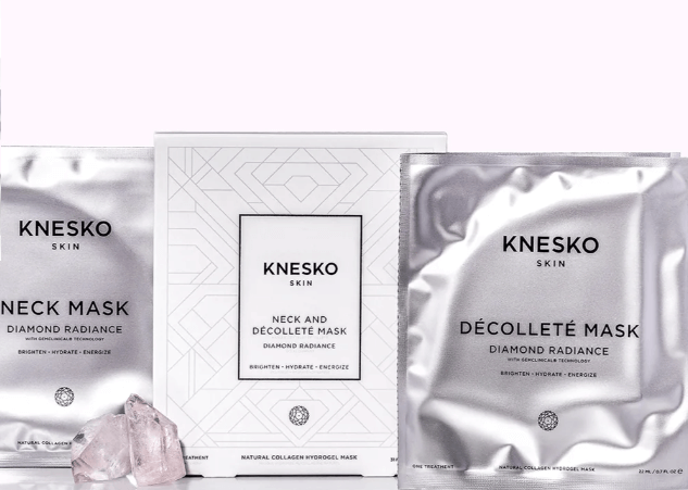 Knesko Diamond Radiance Neck and Decollete Mask set with box, neck mask, decollete mask and crystal display for glowing skin