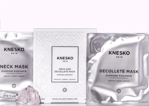 Knesko Diamond Radiance Neck and Decollete Mask set with box, neck mask, decollete mask and crystal display for glowing skin