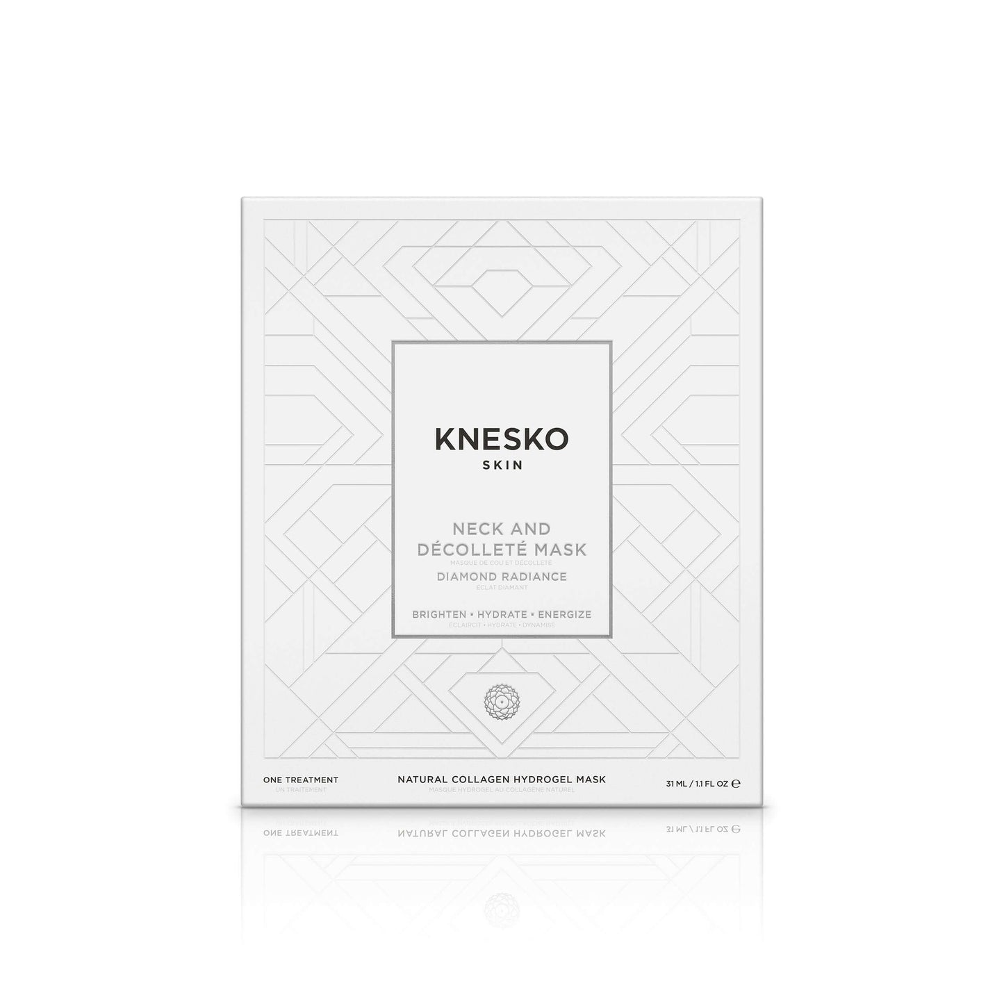 Knesko Diamond Radiance Neck and Decollete Mask boxed treatment with collagen hydrogel to brighten hydrate and energize skin