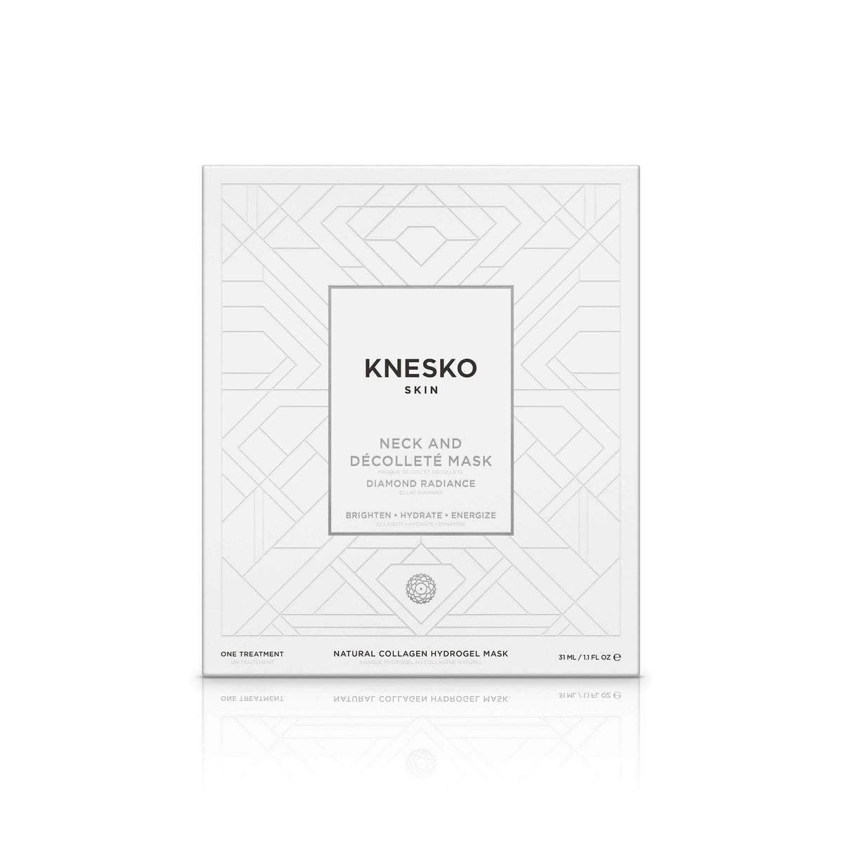 Knesko Diamond Radiance Neck and Decollete Mask boxed treatment with collagen hydrogel to brighten hydrate and energize skin