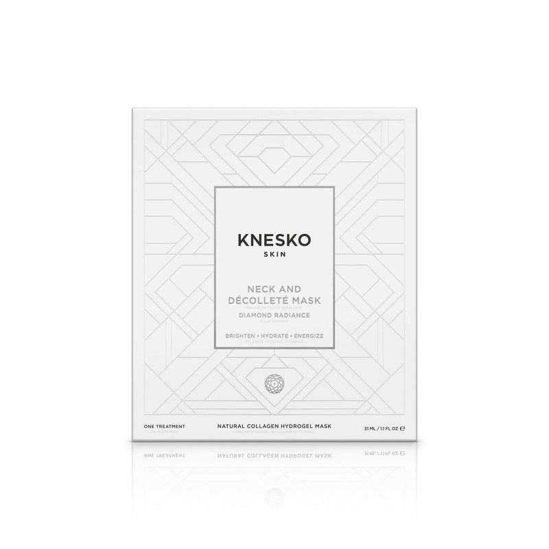 Knesko Diamond Radiance Neck and Decollete Mask boxed treatment with collagen hydrogel to brighten hydrate and energize skin