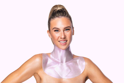 Knesko Diamond Radiance Neck and Decollete Mask worn on neck and chest for brightening hydrating and energizing skin care