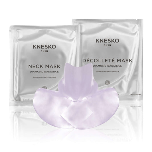 Knesko Diamond Radiance Neck and Decollete Mask with silver sachets and hydrogel masks to brighten hydrate and energize skin