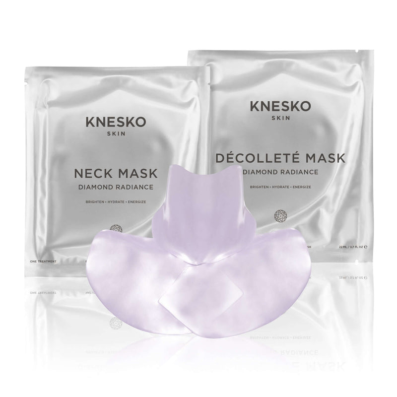 Knesko Diamond Radiance Neck and Decollete Mask with silver sachets and hydrogel masks to brighten hydrate and energize skin