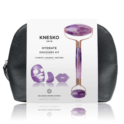Knesko Hydrate Discovery Kit with purple roller, face, eye and lip masks plus black travel bag for radiant skin ritual sets.