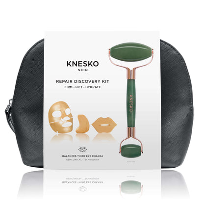 Knesko Skin Travel Kit Repair Discovery Kit with green facial roller, gold mask pieces, and black travel bag shown in front.