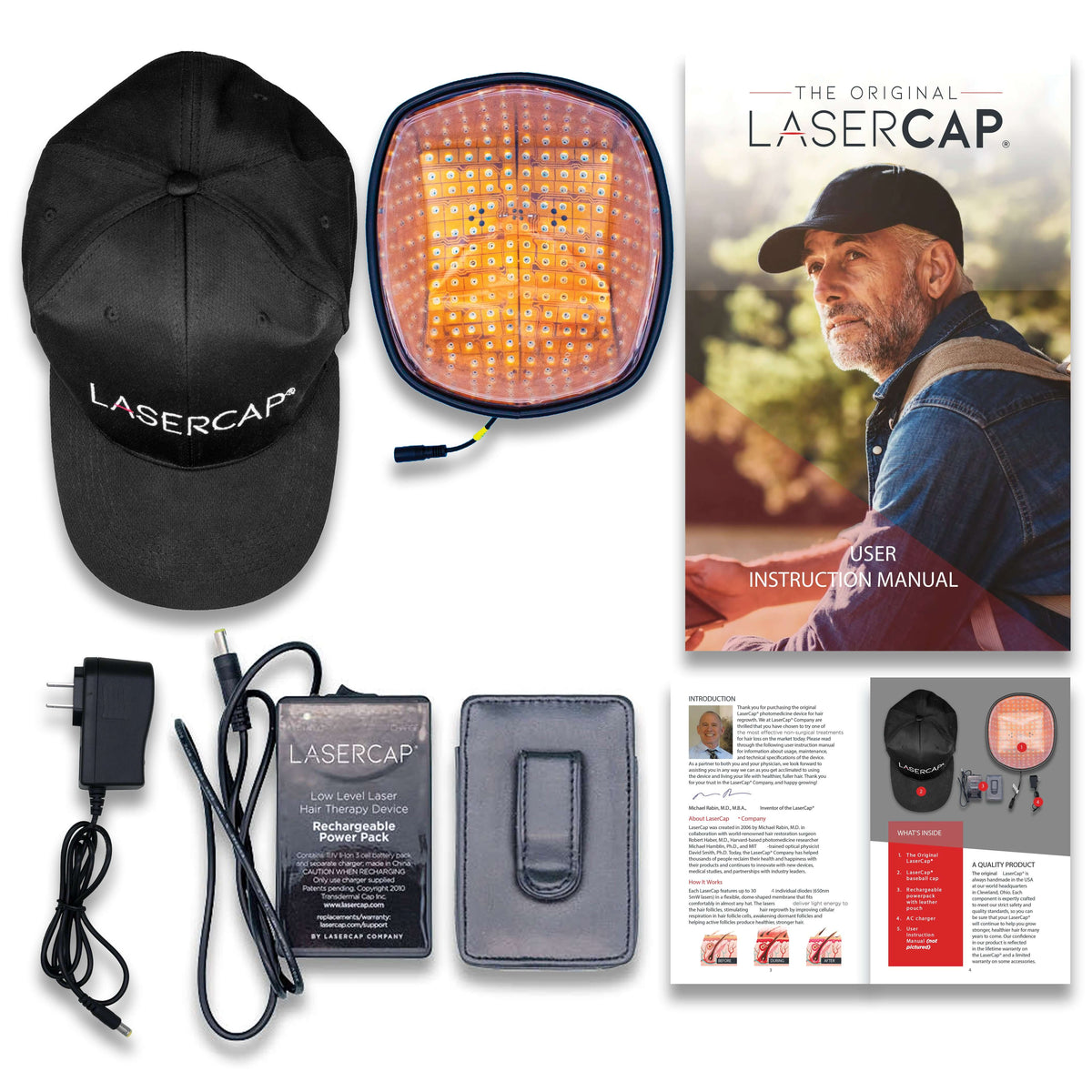 LaserCap HD Plus full kit including laser insert, battery pack, wall charger, and user instruction manual