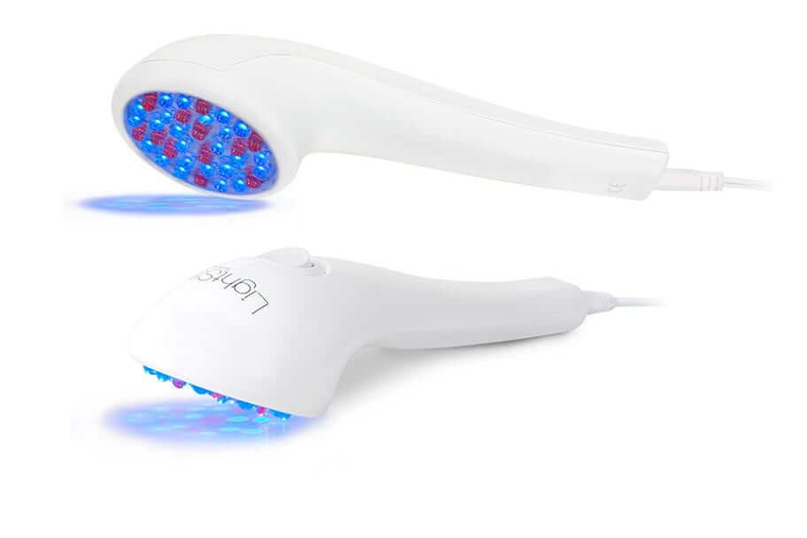 LightStim for Acne device with blue and red LEDs shown from two angles for acne treatment on acne-prone skin at home use now