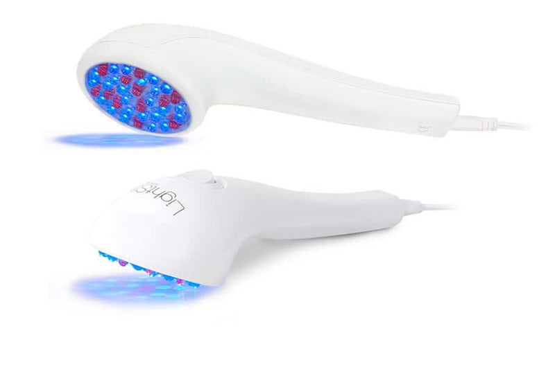 LightStim for Acne device with blue and red LEDs shown from two angles for acne treatment on acne-prone skin at home use now