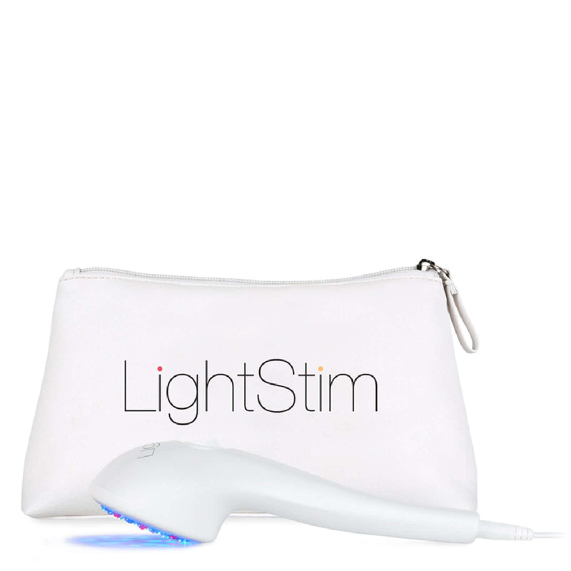 LightStim for Acne device with white travel pouch using blue and red light therapy for facial breakouts and redness fast now