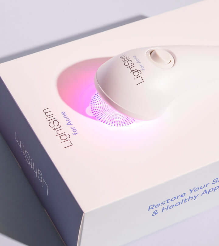 LightStim for Acne device glowing on product box, showing at-home LED acne treatment technology for clearer skin fast today.