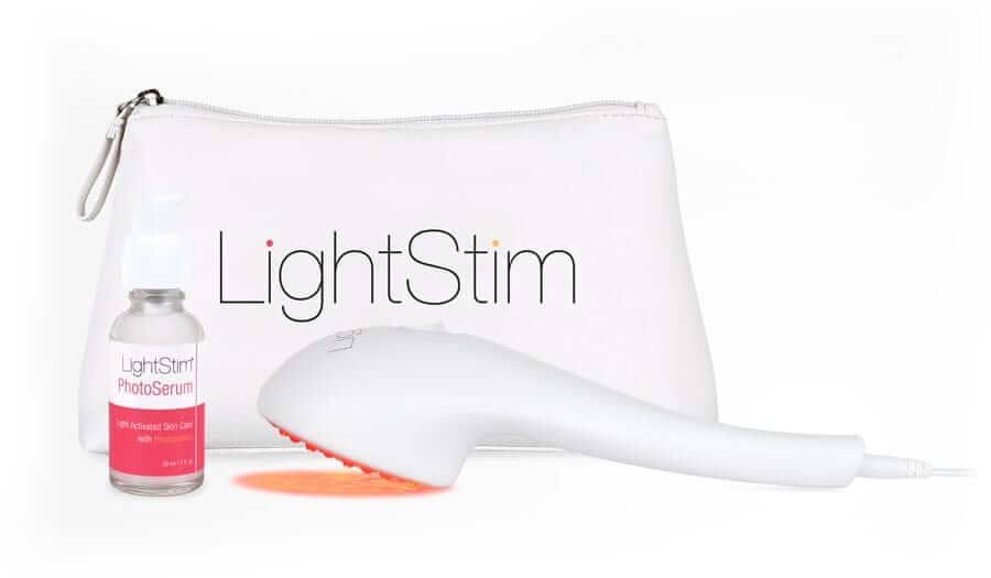 LightStim for Wrinkles kit with PhotoSerum and travel pouch for home LED therapy, facial wrinkle care, and smooth skin glow.