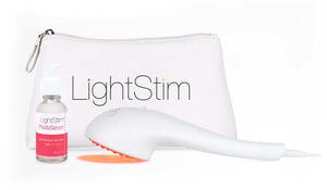 LightStim for Wrinkles kit with PhotoSerum and travel pouch for home LED therapy, facial wrinkle care, and smooth skin glow.