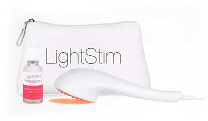 LightStim for Wrinkles kit with PhotoSerum and travel pouch for home LED therapy, facial wrinkle care, and smooth skin glow.
