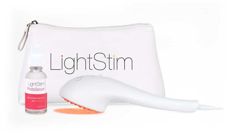 LightStim for Wrinkles kit with PhotoSerum and travel pouch for home LED therapy, facial wrinkle care, and smooth skin glow.