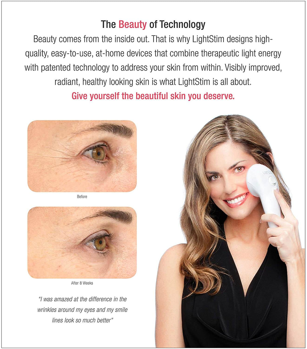 LightStim for Wrinkles before and after graphic showing LED therapy results for smoother eye lines and radiant skin tone now