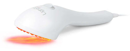 LightStim for Wrinkles LED device angled on skin with red light glow for fine lines and anti-aging facial care in home uses.