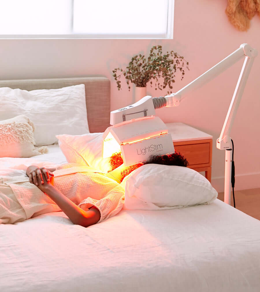LightStim ProPanel Anti-Aging Light used at home on face and neck for red LED anti-aging skin therapy session care glow use.