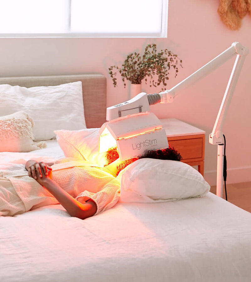 LightStim ProPanel Anti-Aging Light used at home on face and neck for red LED anti-aging skin therapy session care glow use.