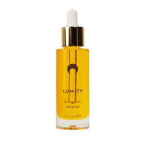 Lumity facial oil bottle with golden anti-aging skin nutrients oil in 30ml dropper for hydration, radiant glow, smooth skin.