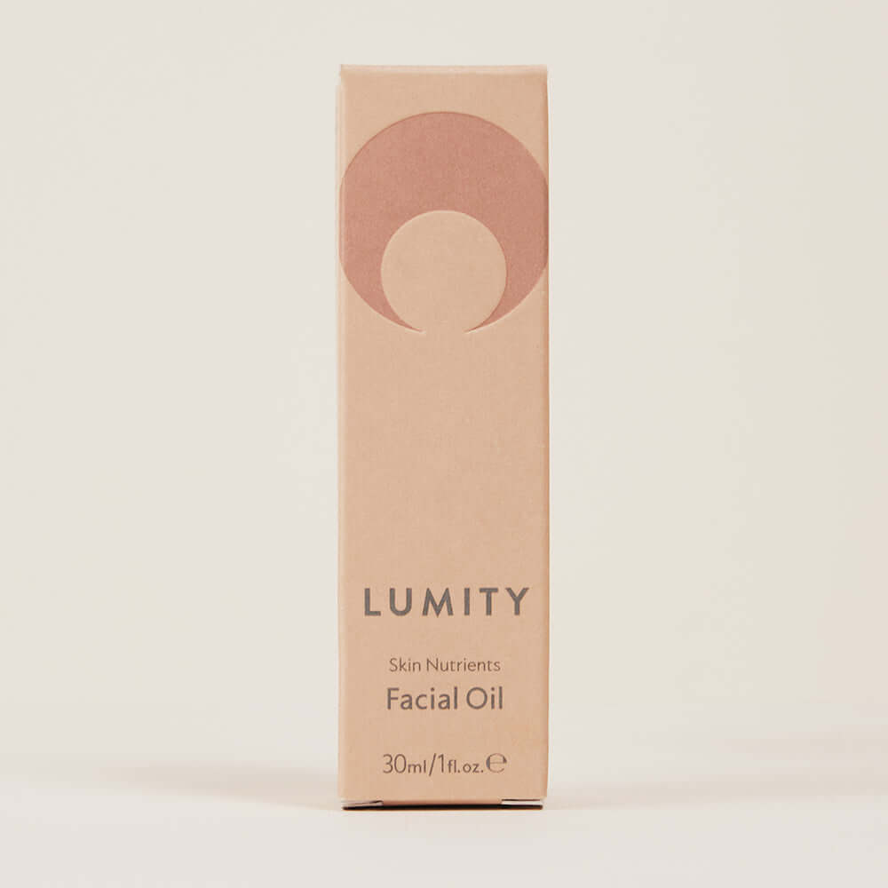 Lumity facial oil peach box showing Skin Nutrients Facial Oil 30ml for hydrated radiant younger-looking skin and daily use!!
