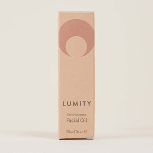 Lumity facial oil peach box showing Skin Nutrients Facial Oil 30ml for hydrated radiant younger-looking skin and daily use!!