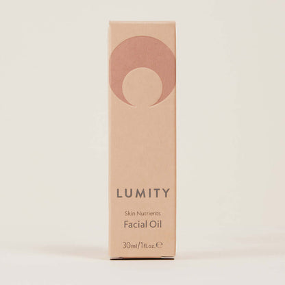 Lumity facial oil peach box showing Skin Nutrients Facial Oil 30ml for hydrated radiant younger-looking skin and daily use!!
