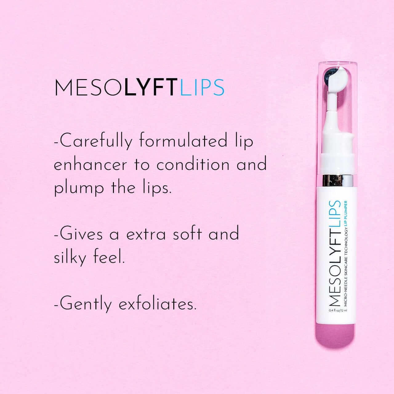 MesoLyft Lips lip replenisher promotional graphic highlighting plumping hydration softness and gentle exfoliation
