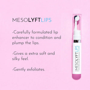 MesoLyft Lips lip replenisher promotional graphic highlighting plumping hydration softness and gentle exfoliation
