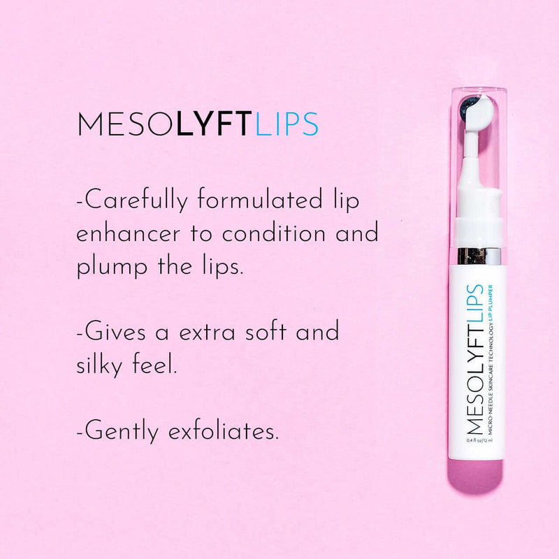 MesoLyft Lips lip replenisher promotional graphic highlighting plumping hydration softness and gentle exfoliation