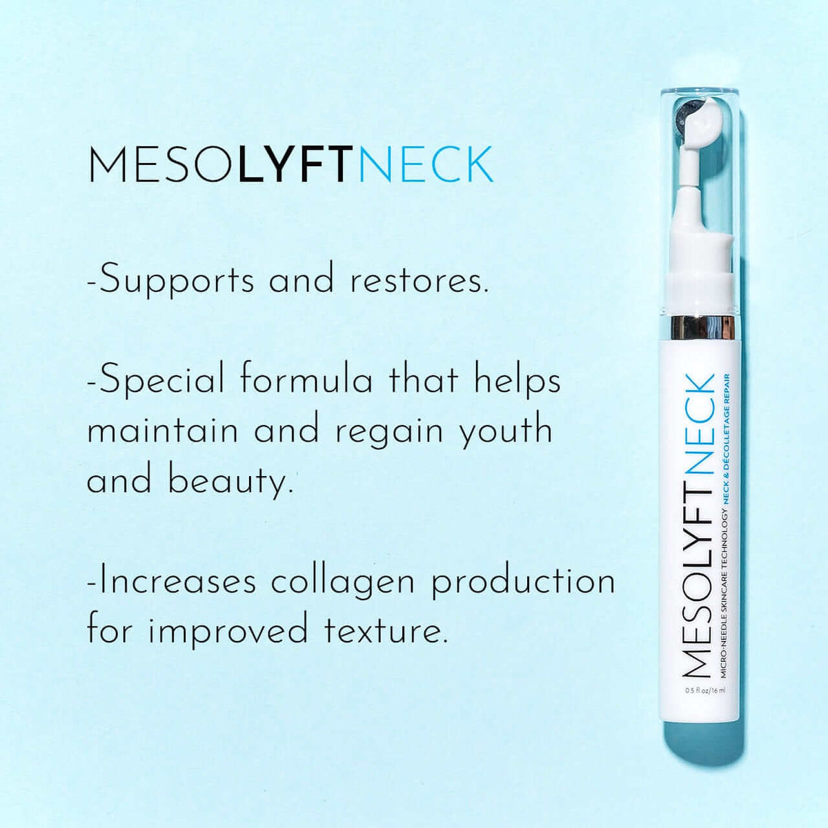 MesoLyft Neck graphic highlights collagen support, smoother texture, and neck repair with the white roller device shown now.