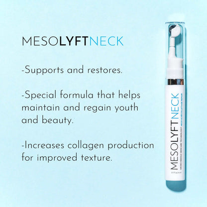 MesoLyft Neck graphic highlights collagen support, smoother texture, and neck repair with the white roller device shown now.