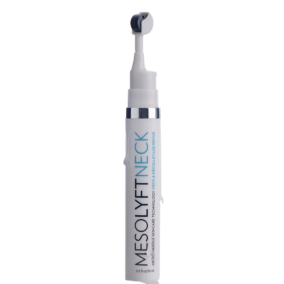 MesoLyft Neck micro needle roller with marine algae, vitamin C, and shea butter for firming neck and décolletage daily care.