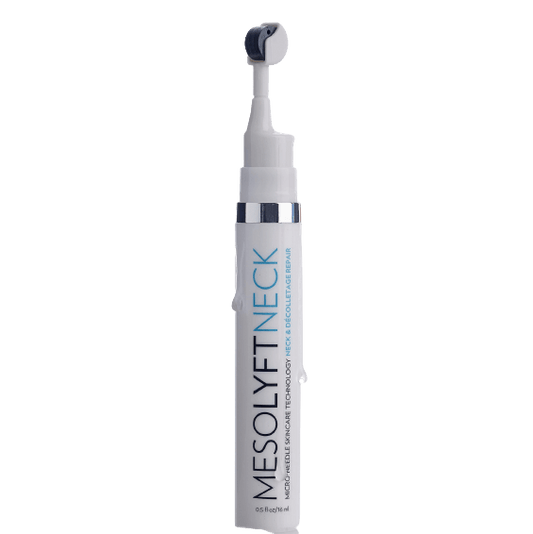 MesoLyft Neck micro needle roller with marine algae, vitamin C, and shea butter for firming neck and décolletage daily care.