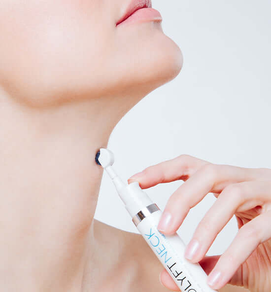 MesoLyft Neck micro needle roller applied under chin to support firmer, smoother looking neck skin and fine line care daily.