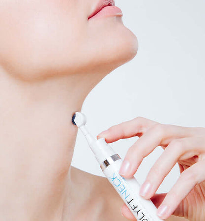 MesoLyft Neck micro needle roller applied under chin to support firmer, smoother looking neck skin and fine line care daily.